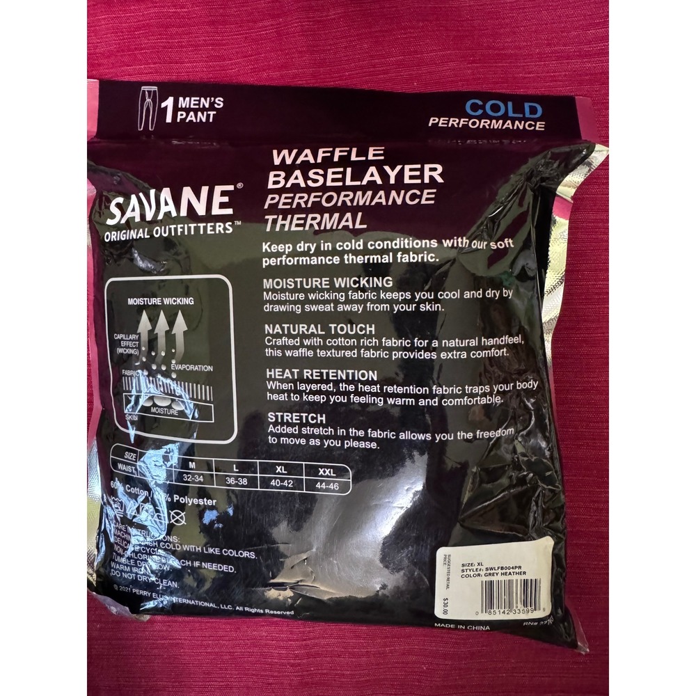 Savane Mens XL Grey Heather Waffle Baselayer Performance Thermal Pants - Picture 2 of 2